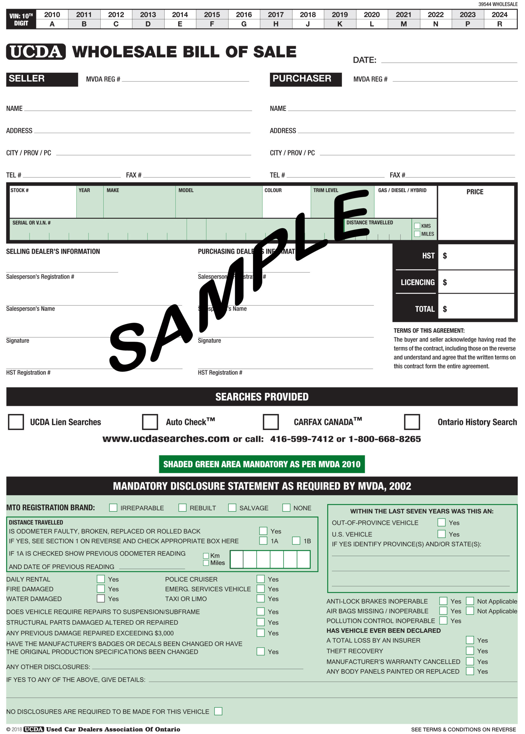 Wholesale Bill of Sale - The Used Car Dealers Association of Ontario